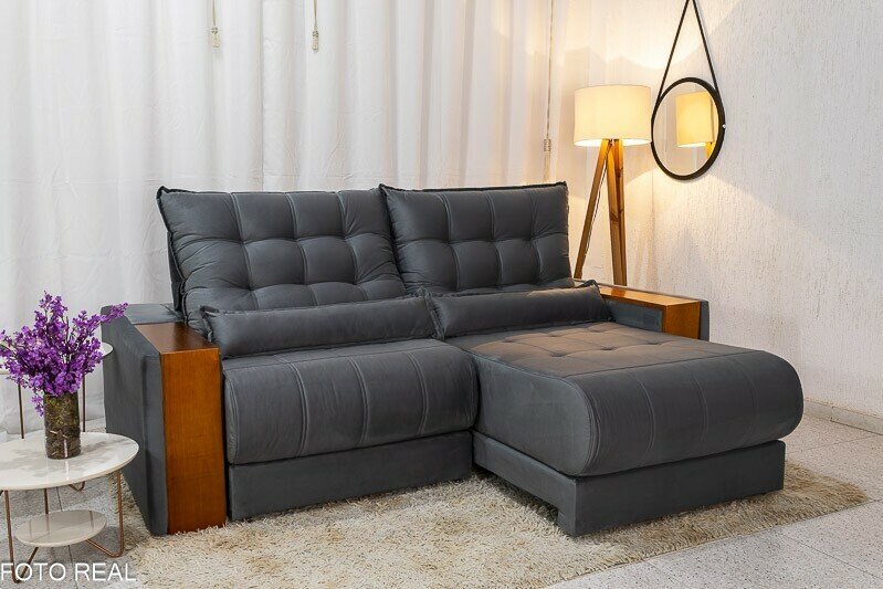 Sofá Retrátil Reclinável Gênova 2.50m Veludo Cinza 814 - Molas Ensacadas