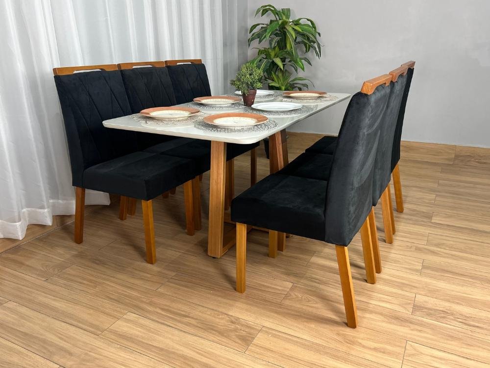 Mesa de Jantar Bali 1.60×0.80 Com 6 Cadeiras Isa – Cinamomo/Off White/Preto Veludo - Imagem 4