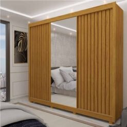 Roupeiro Casal Royale Naturale 3 Portas Ripado C/ 1 Espelho Larg. 2.28m - Gelius