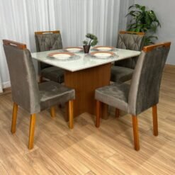 Mesa de Jantar Helo 1.20x0.90 Com 4 Cadeiras Jasmim - Mel/Off White/Marrom Veludo