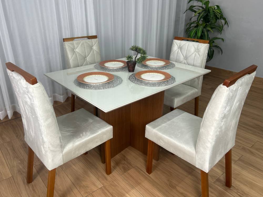 Mesa de Jantar Helo 1.20x0.90 Com 4 Cadeiras Jasmim - Mel/Off White/Bege Veludo - Imagem 4