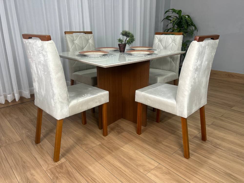 Mesa de Jantar Helo 1.20x0.90 Com 4 Cadeiras Jasmim - Mel/Off White/Bege Veludo - Imagem 2