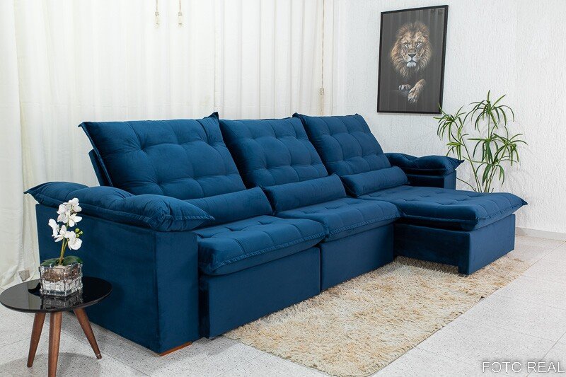 Sofá Retrátil Reclinável Emanuelly 3.20m Veludo Azul 03 - D28 Soft - Imagem 2