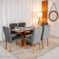 Mesa de Jantar Dubai Tampo Londres Cinamomo 160x80 6 Cadeiras Genova Veludo Cinza 507 Madeira Maciça
