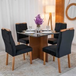Mesa de Jantar Helo 90×90 Tampo MDF Vidro Preto 4 Cad. Lisboa Veludo Preto 504 Madeira Maciça