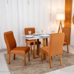Mesa de Jantar Pedro 120×80 Mel Vidro Off + 4 Cad. Genova Veludo Terracota 513 Madeira Art Assento - Entregue Montada