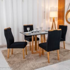 Mesa de Jantar Pedro 120×80 Vidro Preto/Base madeira + 4 Cad. Lisboa Veludo Preto 504 Madeira Art Assento - Entregue Montada