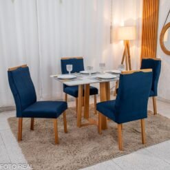 Mesa de Jantar Pedro 120x80 Vidro Off/Base Madeira + 4 Cad. Lisboa Veludo Azul 503 Madeira Art Assento - Entregue Montada