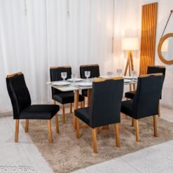 Mesa de Jantar Pedro 160×80 Mel Vidro Off + 6 Cad. Genova Veludo Preto 504 Madeira Art Assento - Entregue Montada