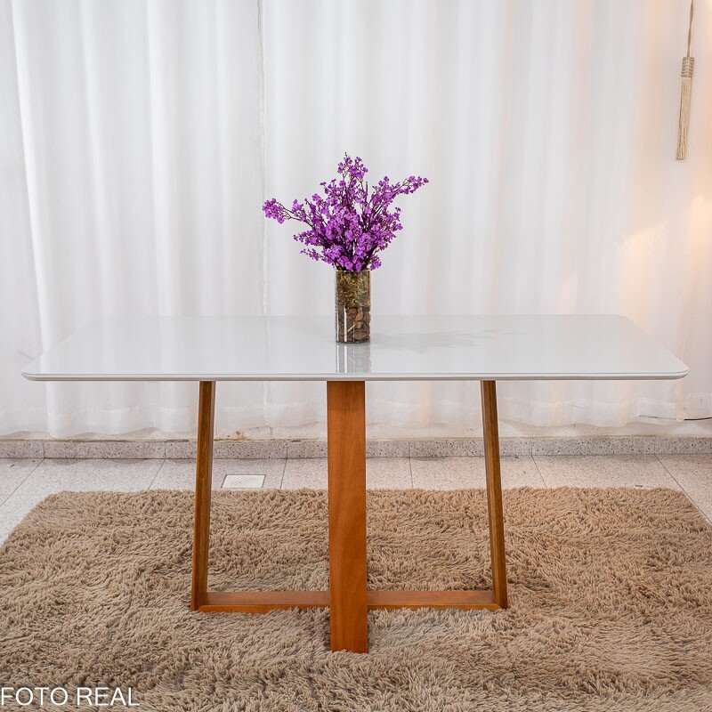 Mesa de Jantar Pedro 160×80 Vidro Off/Base Madeira + 6 Cad. Lisboa Veludo Prata 514 Madeira Art Assento - Entregue Montada - Imagem 9