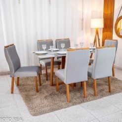 Mesa de Jantar Pedro 160×80 Vidro Off/Base Madeira + 6 Cad. Lisboa Veludo Prata 514 Madeira Art Assento - Entregue Montada
