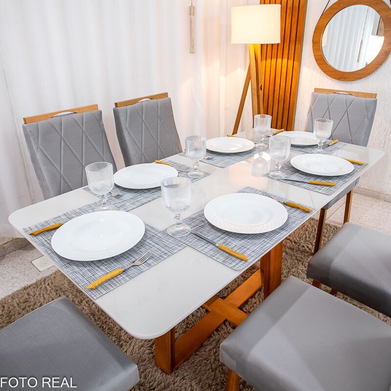Mesa de Jantar Pedro 160×80 Vidro Off/Base Madeira + 6 Cad. Lisboa Veludo Prata 514 Madeira Art Assento - Entregue Montada - Imagem 2