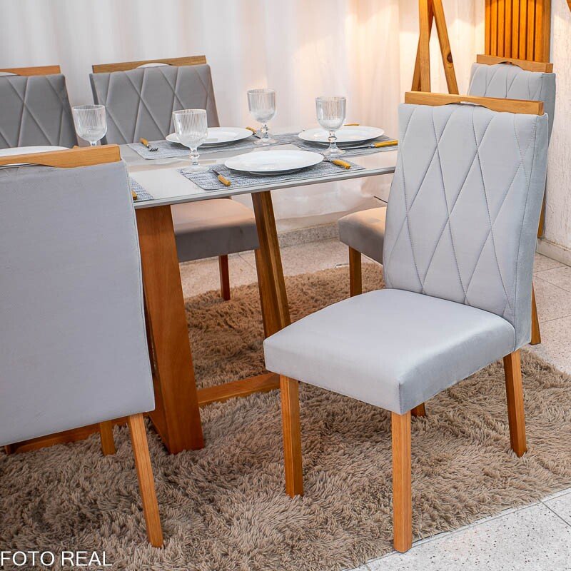 Mesa de Jantar Pedro 160×80 Vidro Off/Base Madeira + 6 Cad. Lisboa Veludo Prata 514 Madeira Art Assento - Entregue Montada - Imagem 5