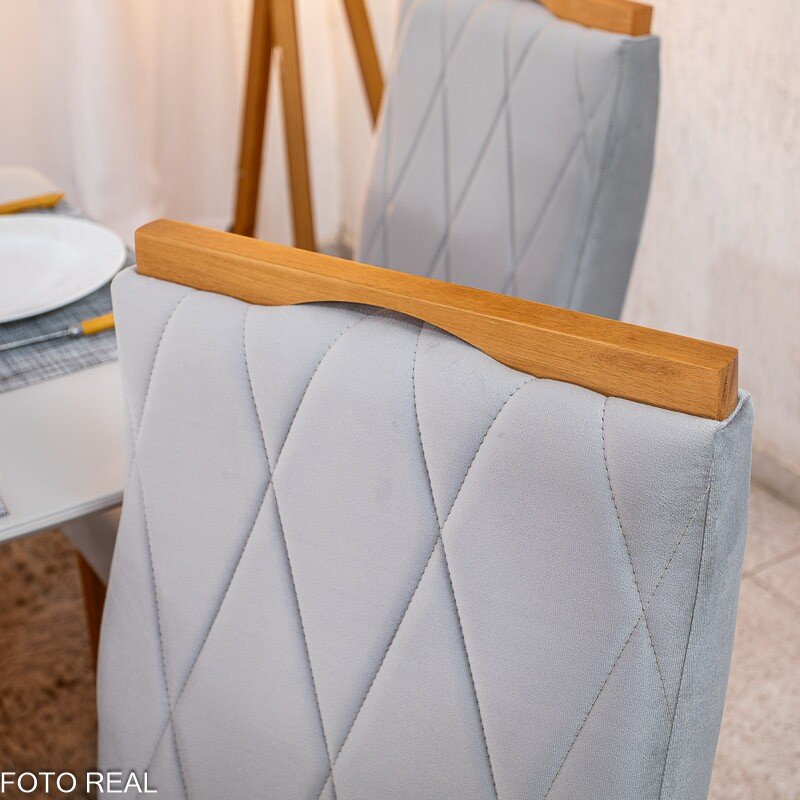 Mesa de Jantar Pedro 160×80 Vidro Off/Base Madeira + 6 Cad. Lisboa Veludo Prata 514 Madeira Art Assento - Entregue Montada - Imagem 7