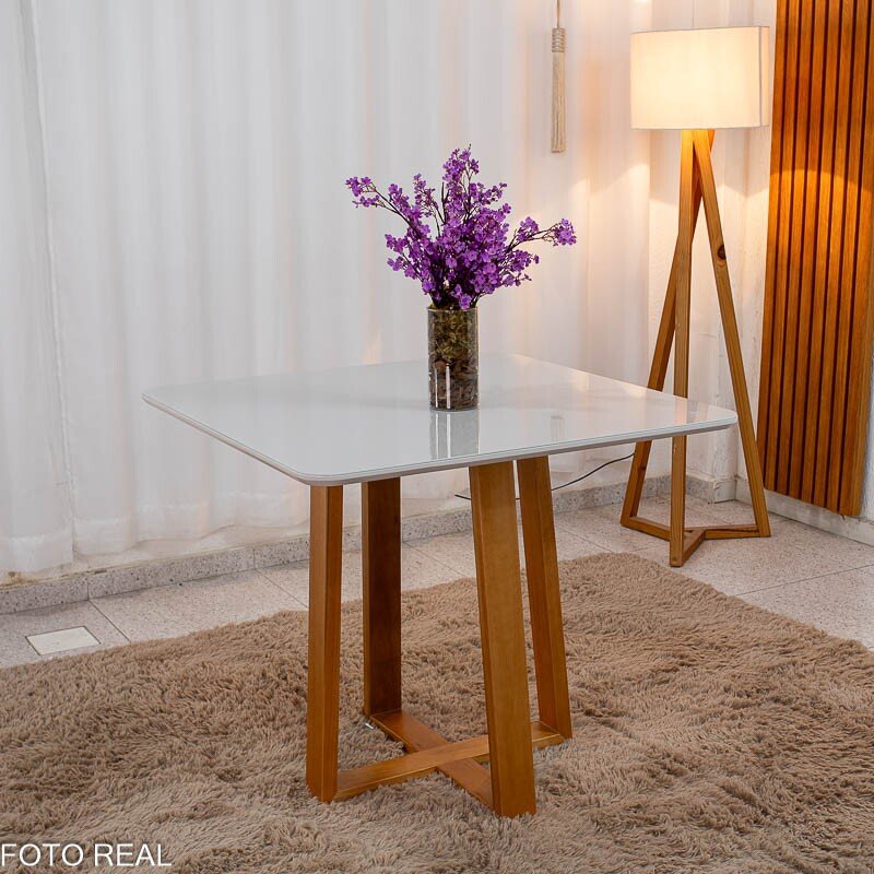 Mesa de Jantar Pedro 90x90 Vidro Off/Base Madeira + 4 Cad. Lisboa Veludo Marrom 509 Madeira Art Assento - Entregue Montada - Imagem 7