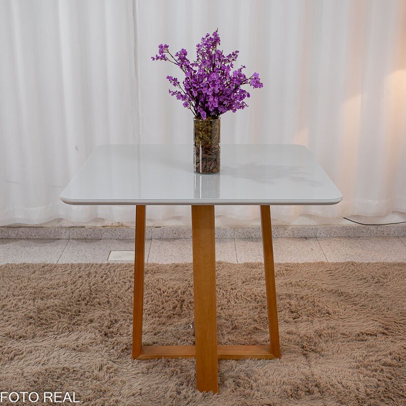 Mesa de Jantar Pedro 90x90 Vidro Off/Base Madeira + 4 Cad. Lisboa Veludo Marrom 509 Madeira Art Assento - Entregue Montada - Imagem 8