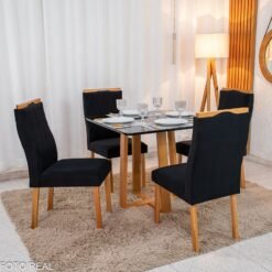 Mesa de Jantar Pedro 90x90 Vidro Preto/Base Madeira + 4 Cad. Lisboa Veludo Preto 504 Madeira Art Assento - Entregue Montada
