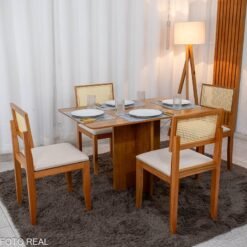 Mesa de Jantar Salina 120x80 Tampo Londres Cinamomo Cel Móveis + 4 Cad. Santorini Linho Bege Madeira - Minas Plac