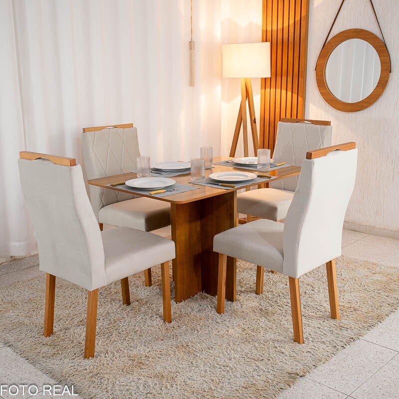Mesa de Jantar Salina 120x80 Tampo Londres Cinamomo 4 Cadeiras Lisboa Bege 512 Madeira Maciça Art Assento
