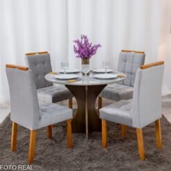 Mesa de Jantar Siena Redonda 100cm Vidro Off/Base Cinamomo + 4 Cad. Londres Veludo Prata Madeira Minas Plac - Entregue Montada