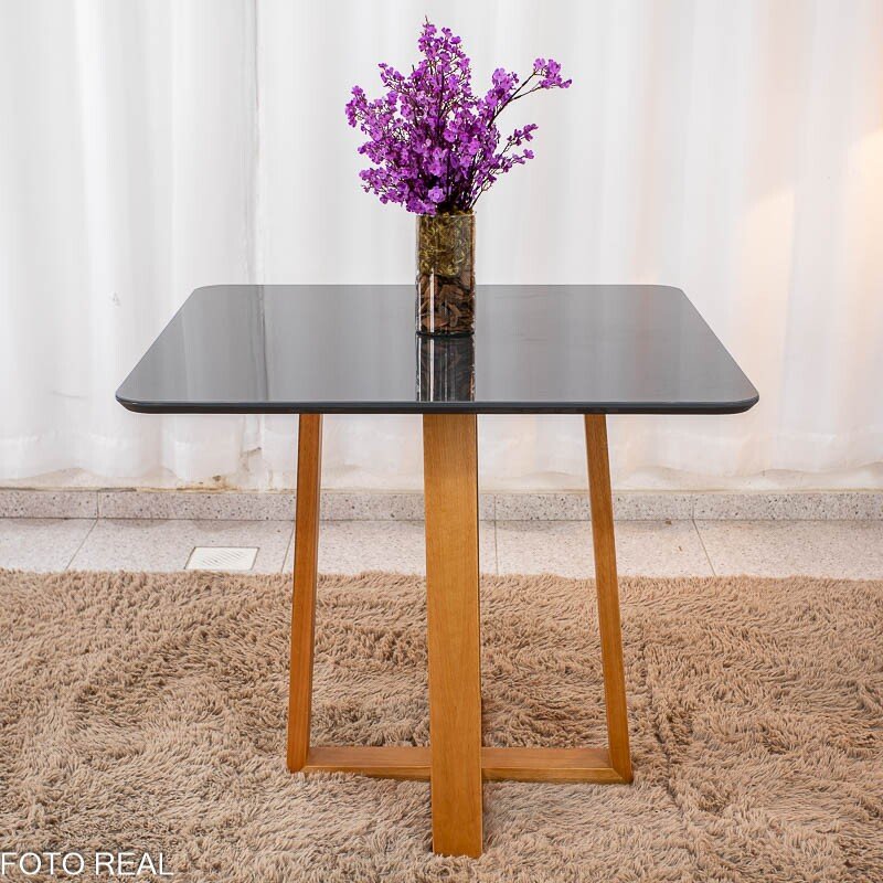 Mesa Pedro 90x90 Vidro Grafite/Base Madeira Art Assento - Entregue Montada - Imagem 2