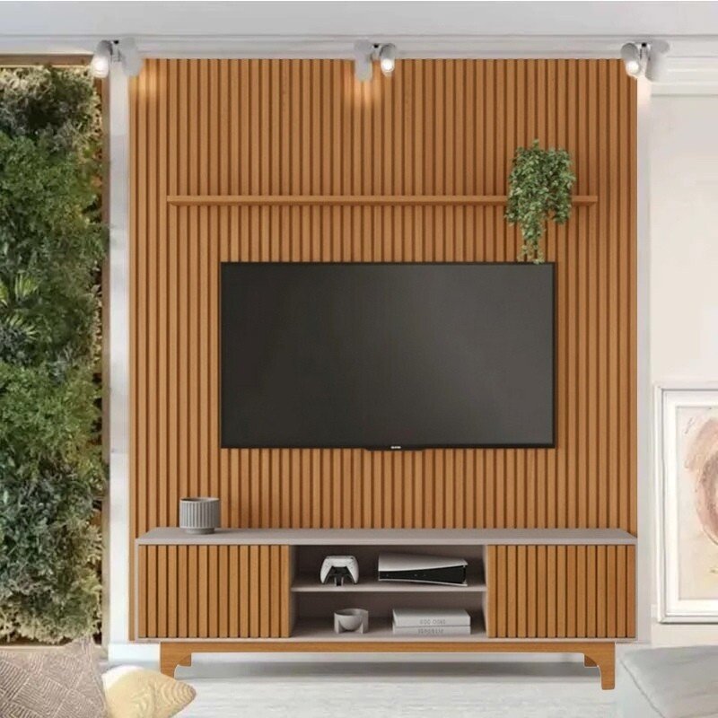 Rack Triunfo Larg. 2.00m Cinamomo/Off + Painel Riso Larg. 2.07m Cinamomo Ripado para TV até 75" - JCM