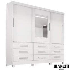 Roupeiro Casal Athenas Branco 3 Portas 9 Gavetas C/ Espelho e Pés 100% MDF Larg. 1.80m - Bianchi