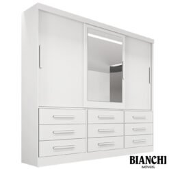 Roupeiro Casal Turim Branco 3 Portas 9 Gavetas C/ 1 Espelho 100% MDF Larg. 2.11 - Bianchi