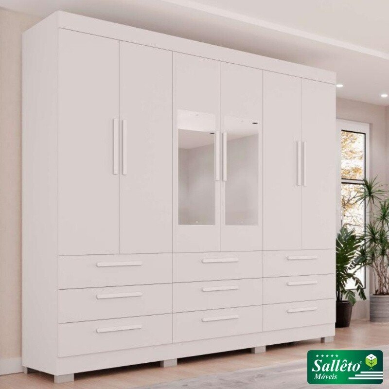 Roupeiro Dinamarca Branco C/Espelho 6 Portas 9 Gavetas C/pés Larg. 1.80m - Sallêto