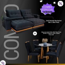 Sofá Retrátil Ibis 2.30m Veludo Preto 820 + Mesa Pedro Mel Tampo Vidro Preto 90×90 4 Cad. Lisboa Veludo Preto 504