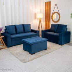 Sofá 3 e 2 lugares França com Puff Veludo Azul A16 Larg. 1.86m