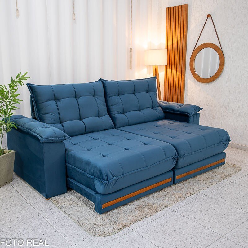 Sofá Retrátil Reclinável Barcelona 2.30m Veludo Azul 325 - D33 e Molas Ensacadas - Imagem 2