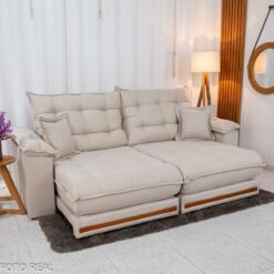 Sofá Retrátil Reclinável Barcelona 2.50m Linho Bege 459 C/ 2 Almofadas - D33 e Molas Ensacadas Pocket