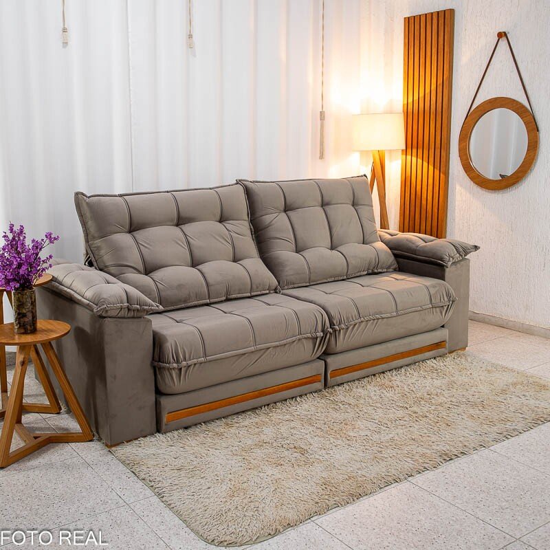 Sofá Retrátil Reclinável Barcelona 2.50m Veludo Cinza 319 - D33 e Molas Ensacadas - Imagem 3