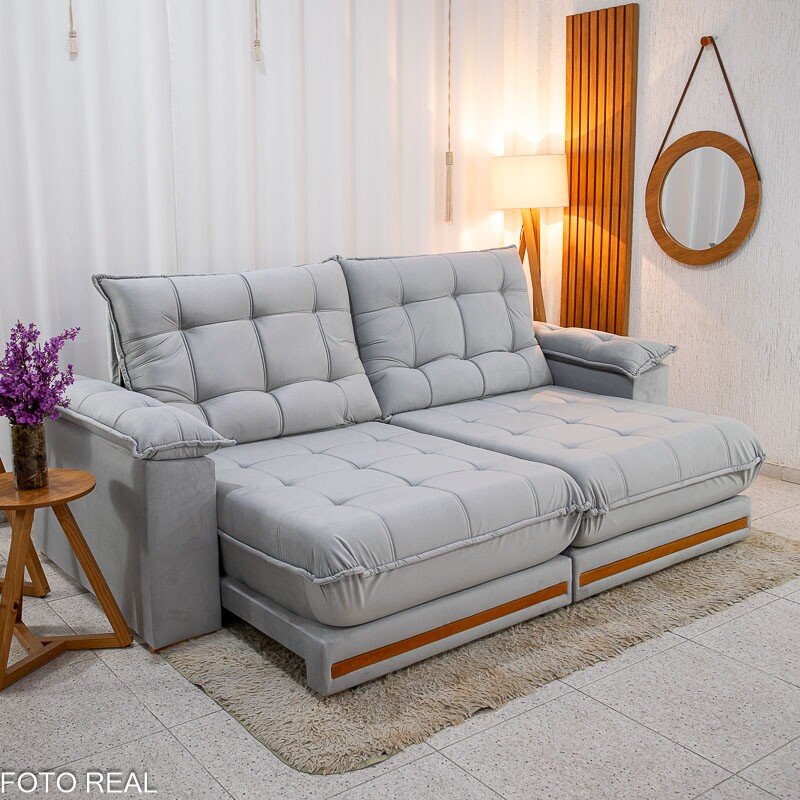 Sofá Retrátil Reclinável Barcelona 2.50m Veludo Prata 321 - D33 e Molas Ensacadas