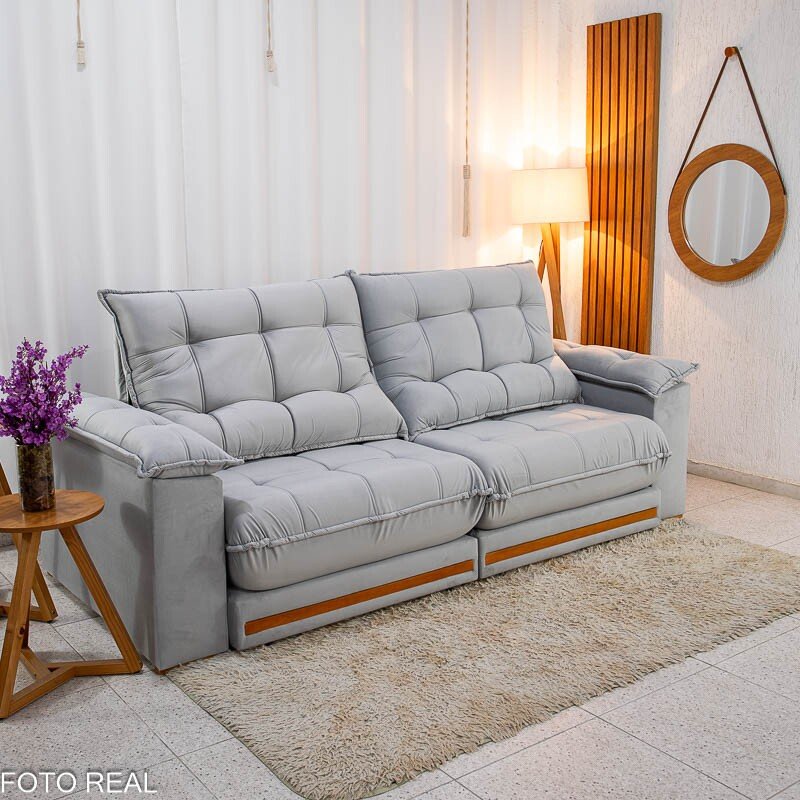 Sofá Retrátil Reclinável Barcelona 2.50m Veludo Prata 321 - D33 e Molas Ensacadas - Imagem 3