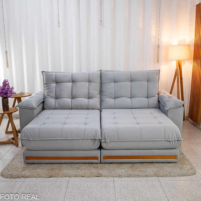 Sofá Retrátil Reclinável Barcelona 2.50m Veludo Prata 321 - D33 e Molas Ensacadas - Imagem 4