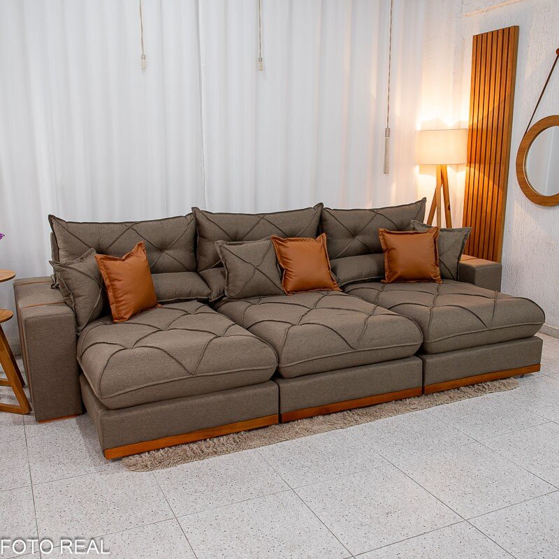 Sofá Retrátil Reclinável Gran Bello 3.20m Linho Marrom 28 - Molas Ensacadas