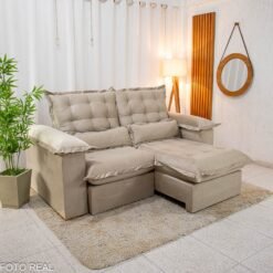 Sofá Retrátil Reclinável Maldivas 2.10m Veludo Bege A32 - D28 Pró Aditivada