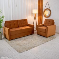 Sofá Áustria 3 Lugares + Poltrona Áustria Veludo Terracota A62